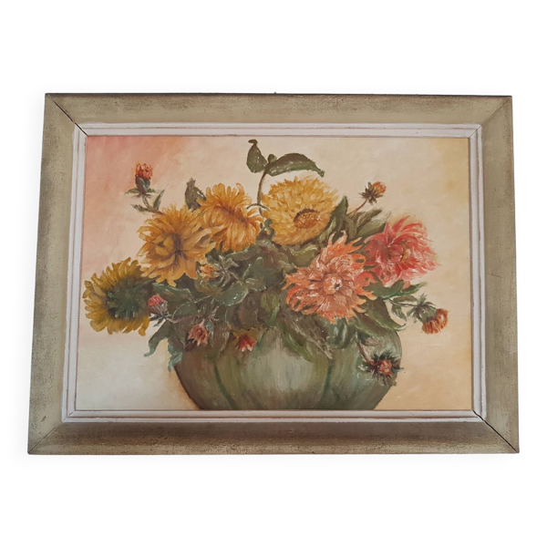 Tableau huile sur toile bouquet de fleurs dahlias 1900 Gabin