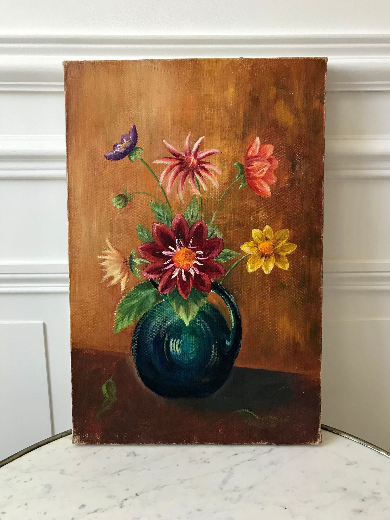 Old oil on canvas painting bouquet of vintage flowers