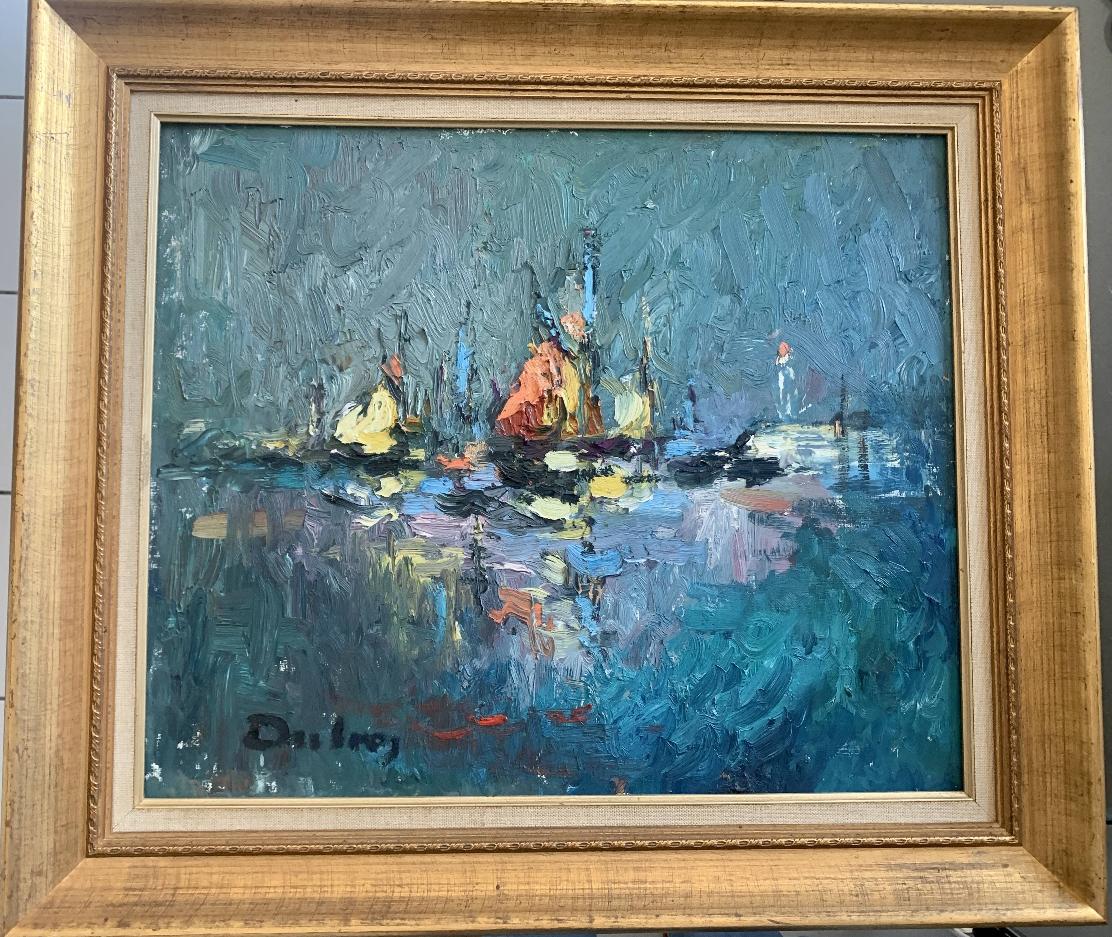 Oil on panel Arcachon Bay Cap Ferret Lighthouse 1970 signed J.Dubroc