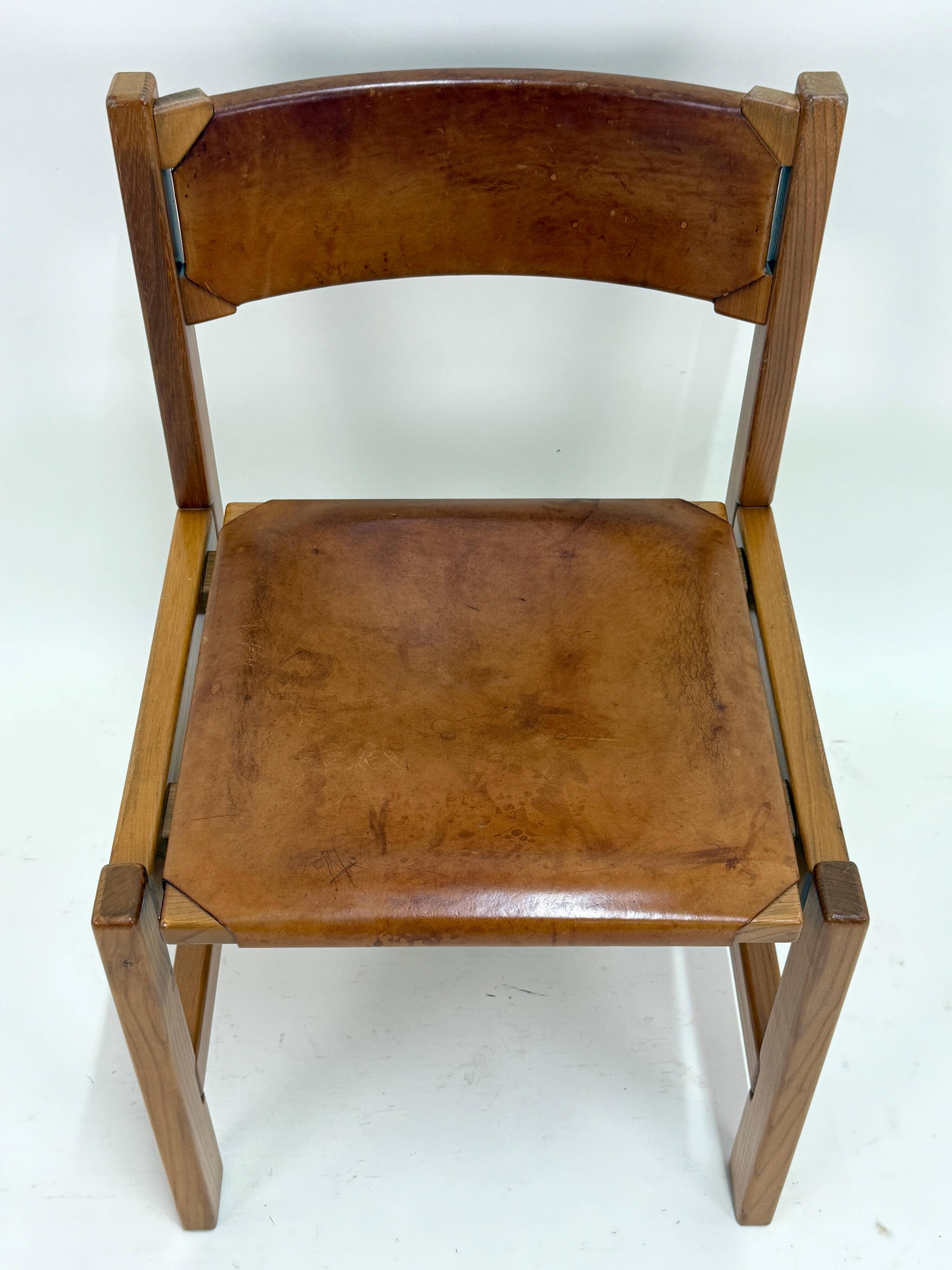 Set of 6 Maison Regain Chairs - Solid Elm and Fawn Leather - Circa 70