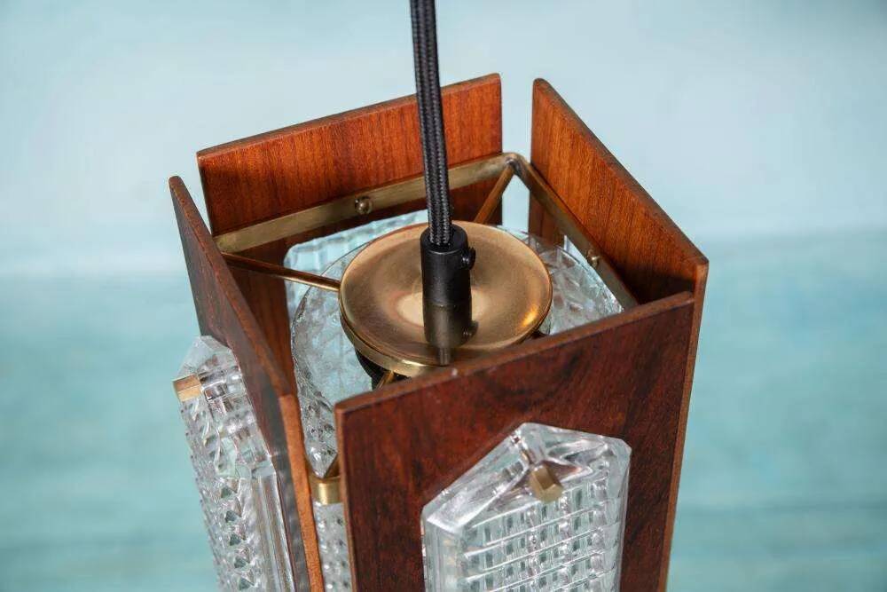 Vintage wooden and glass suspension Flygsfors Facette, glass lamp.