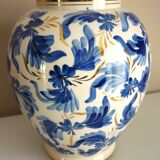 Vase vintage Hubert Bequet Quaregnon, oiseau du paradis bleu et dorure