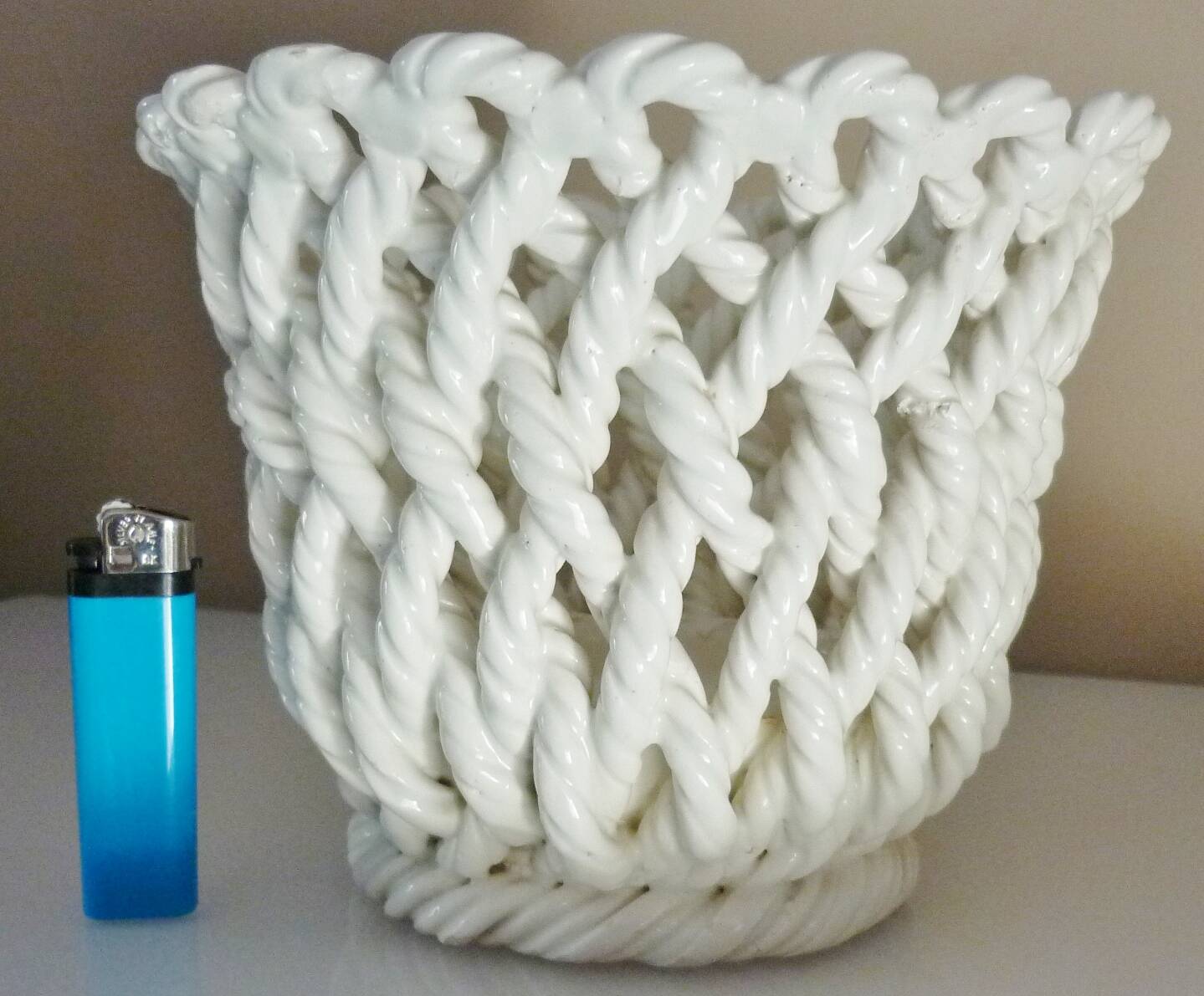 White enameled ceramic pot cover, braided, openwork, vintage