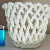 White enameled ceramic pot cover, braided, openwork, vintage