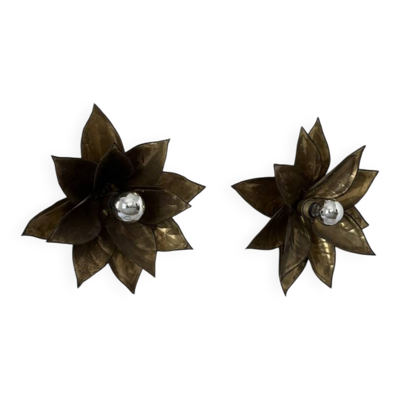 Paire d'appliques vintage laiton patiné motif floral, France, 1960