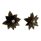 Pair of vintage patinated brass wall lights with floral motif, France, 1960.