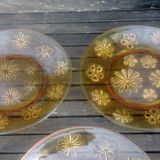 Set of five flat plates - vintage amber glass from Veréco with flower decor - 60s/70s