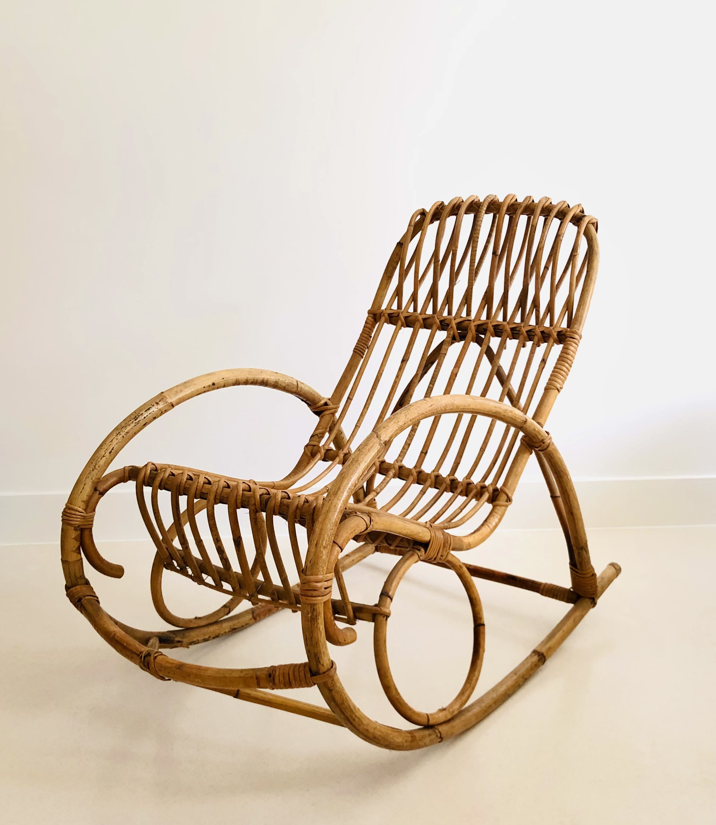 Rocking chair in rattan for children, Italy 60s