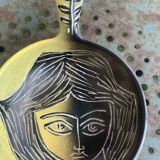 Bowl, pan with a female face engraved in enameled ceramic helene Ugo vallauris vintage