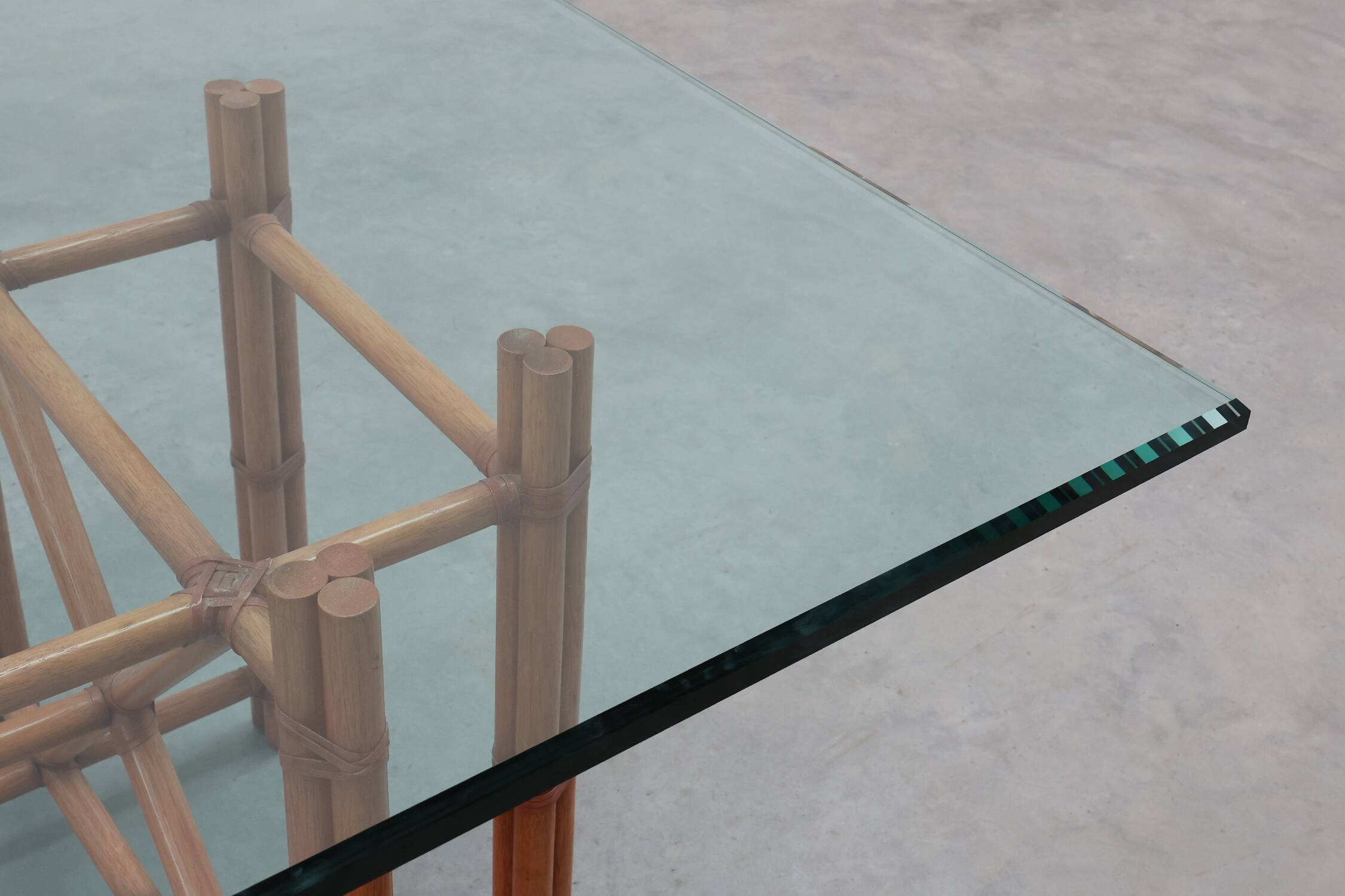 Large monumental bamboo dining table with glass top by Gasparucci, Italy