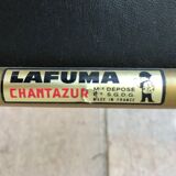 Set de 4  chaises pliantes en laiton et velours moutarde à rayures signé «  Lafuma » 1960