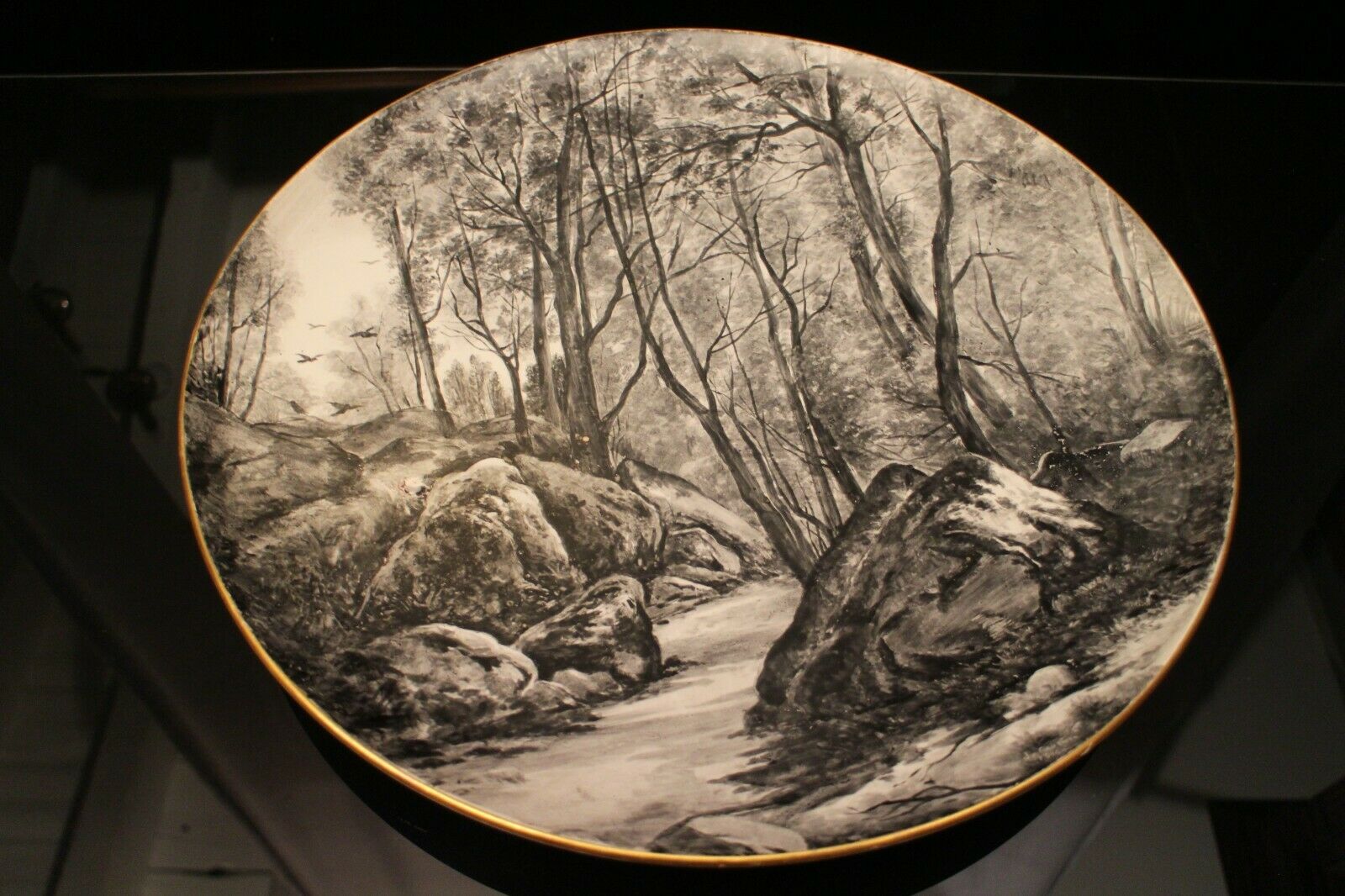 Important earthenware dish Creil Montereau forest Fontainebleau signed Gauthier 1886
