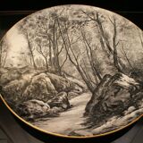 Important earthenware dish Creil Montereau forest Fontainebleau signed Gauthier 1886