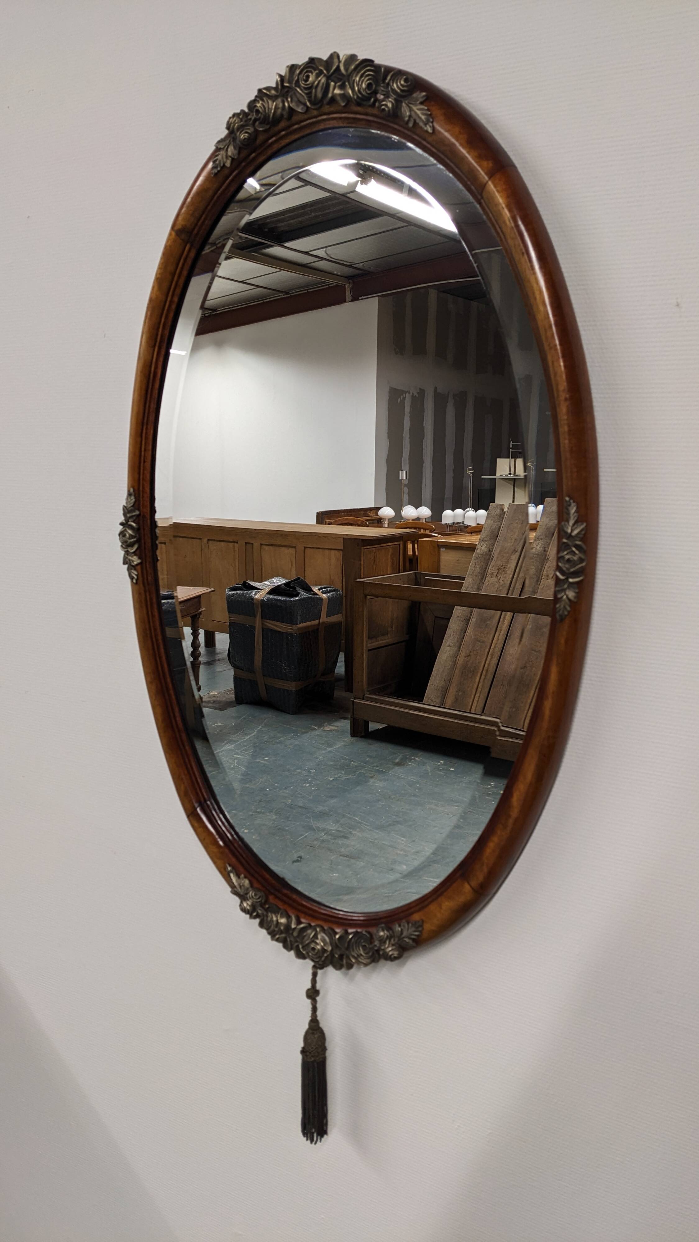 Art Deco Flamed Mahogany Oval Mirror Circa 1910