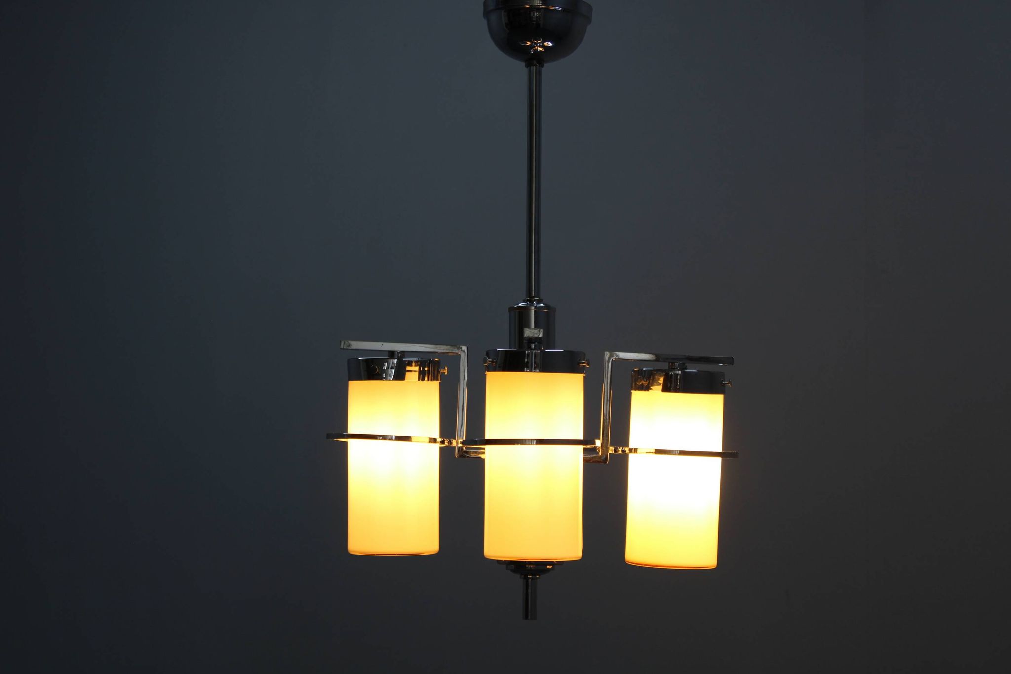 Restored Bauhaus/Art Deco chrome & glass chandelier, Czechoslovakia, 1930s