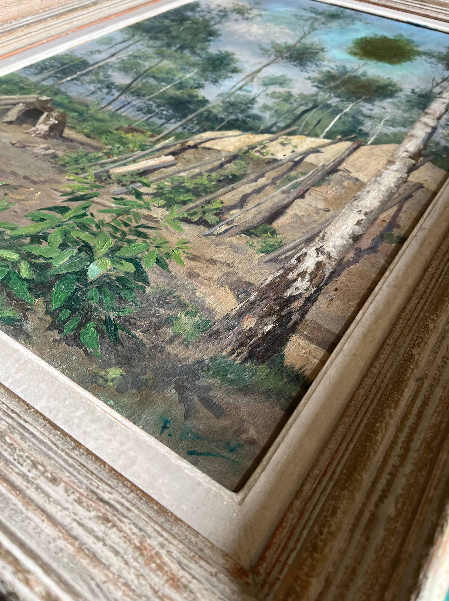 Tableau hst "forest with cabin" lumberjack forestry early 20th century