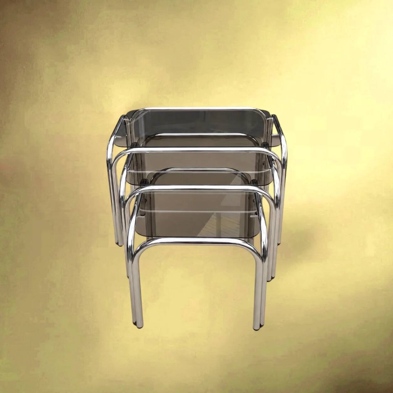 Set of nesting tables in chrome metal and smoked glass – 1970s design furniture