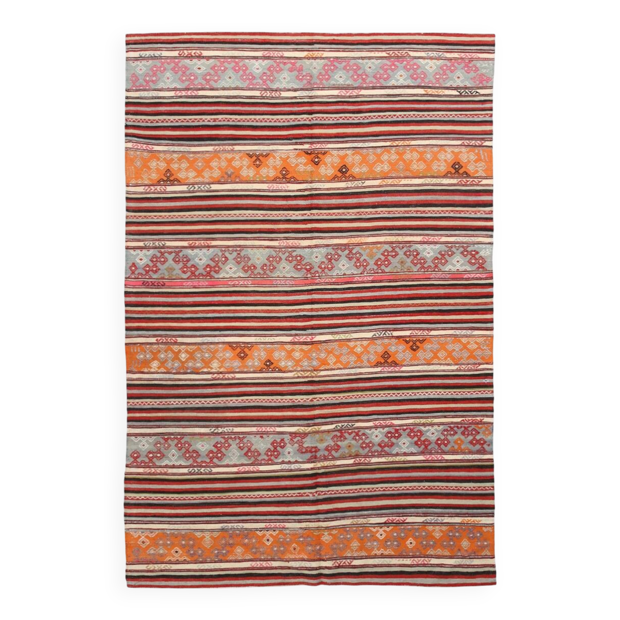 6x9 Red Orange Striped Handmade Kilim Rug, 174x267Cm