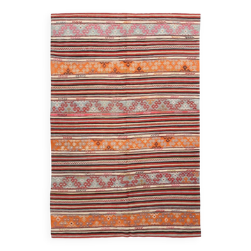 6x9 Red Orange Striped Handmade Kilim Rug, 174x267Cm