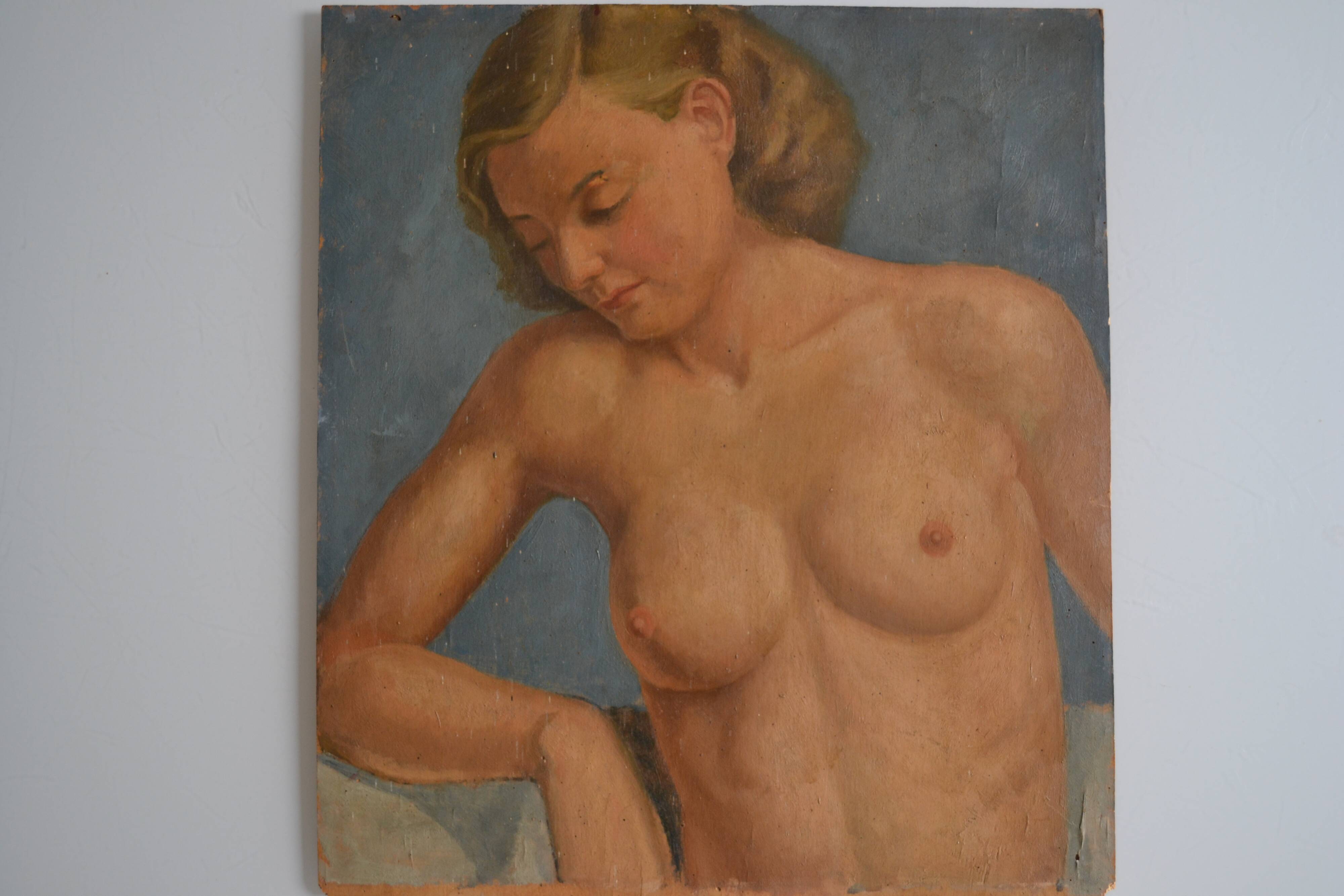 Old painting portrait nude woman oil on panel