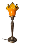 Bronze lamp signed SR 1900, yellow opaline tulip shade edged in black, Loetz, 38x14