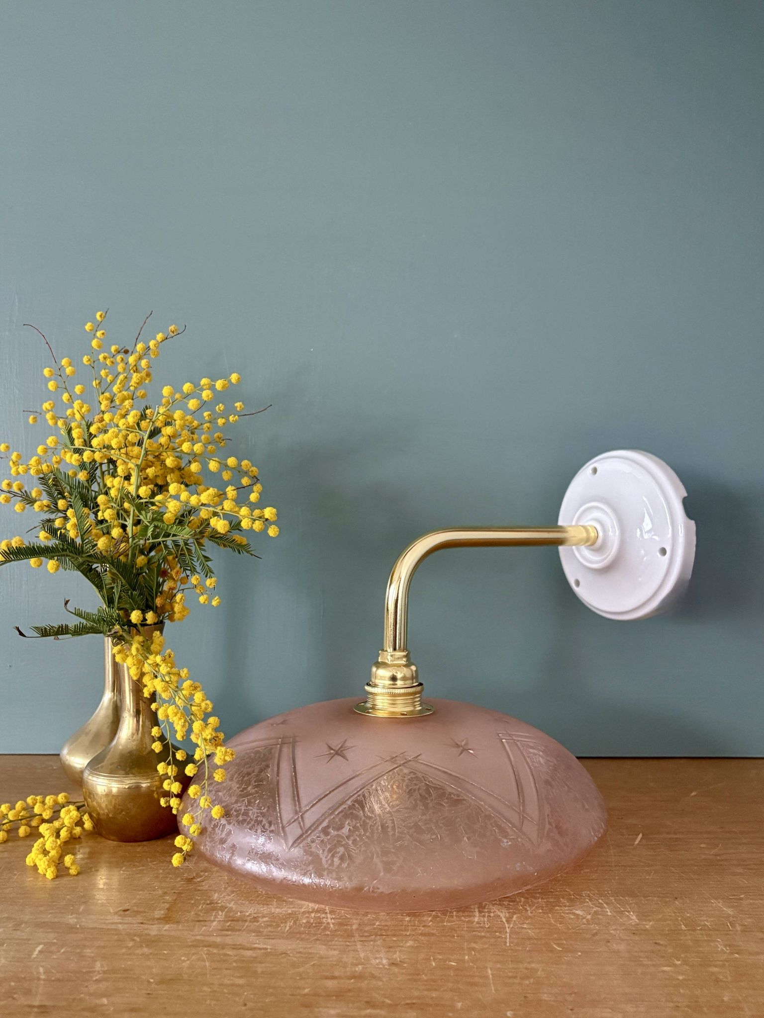 Vintage pink frosted glass wall lamp with elbow arm