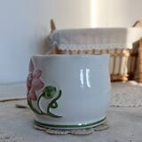 Small vintage earthenware cache pot with pink flower slip pattern