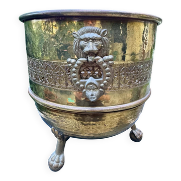 Large solid brass lion cache pot Art Nouveau