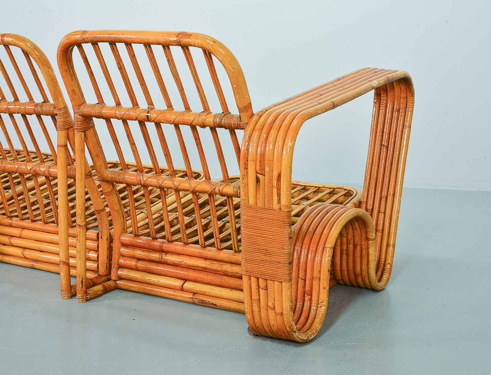 Exclusive Six Strand Rectangular Rattan 3-Seat Sofa after Paul Frankl, 50s