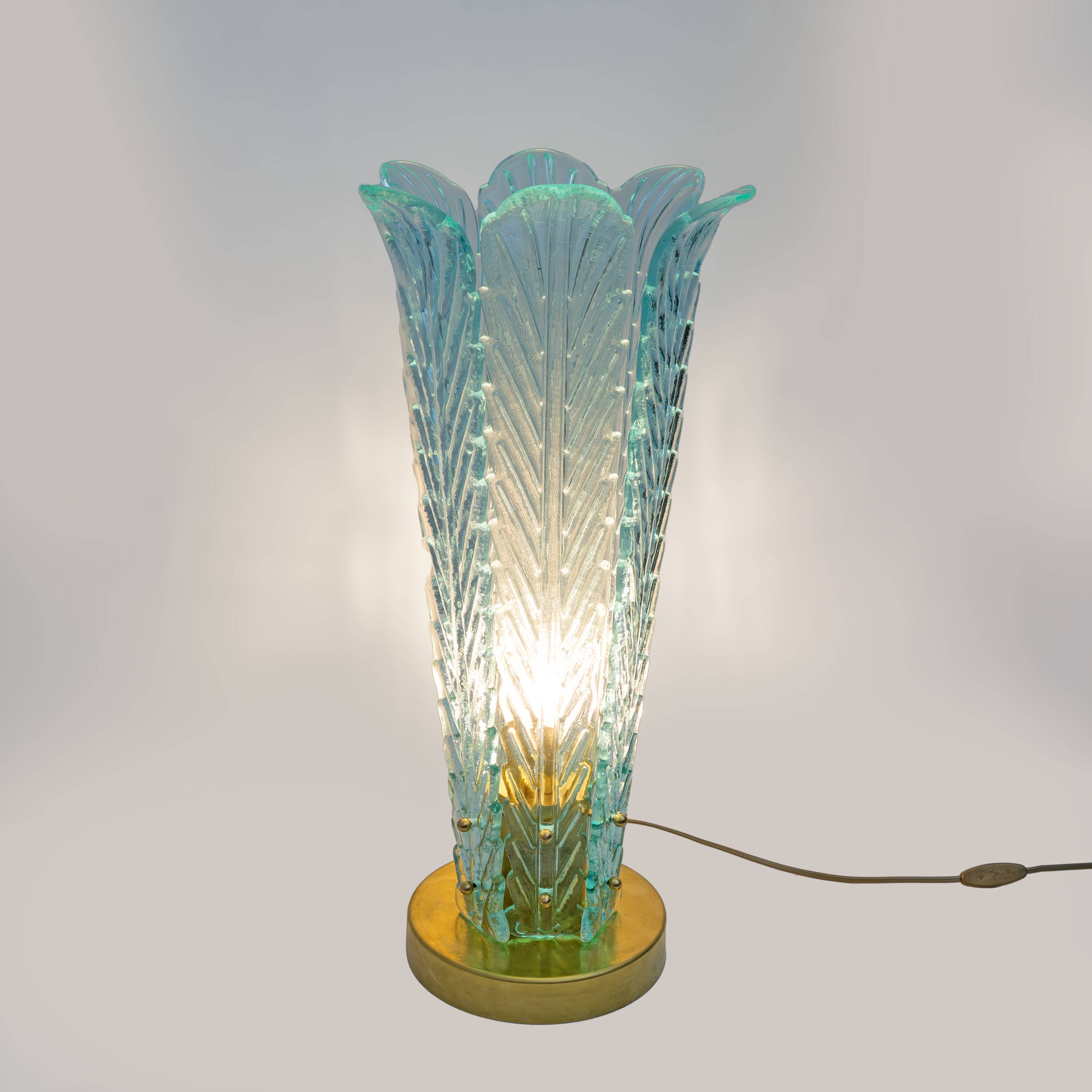 Mid-Century Modern Brass and Murano Glass Leaf Palm Table Lamps