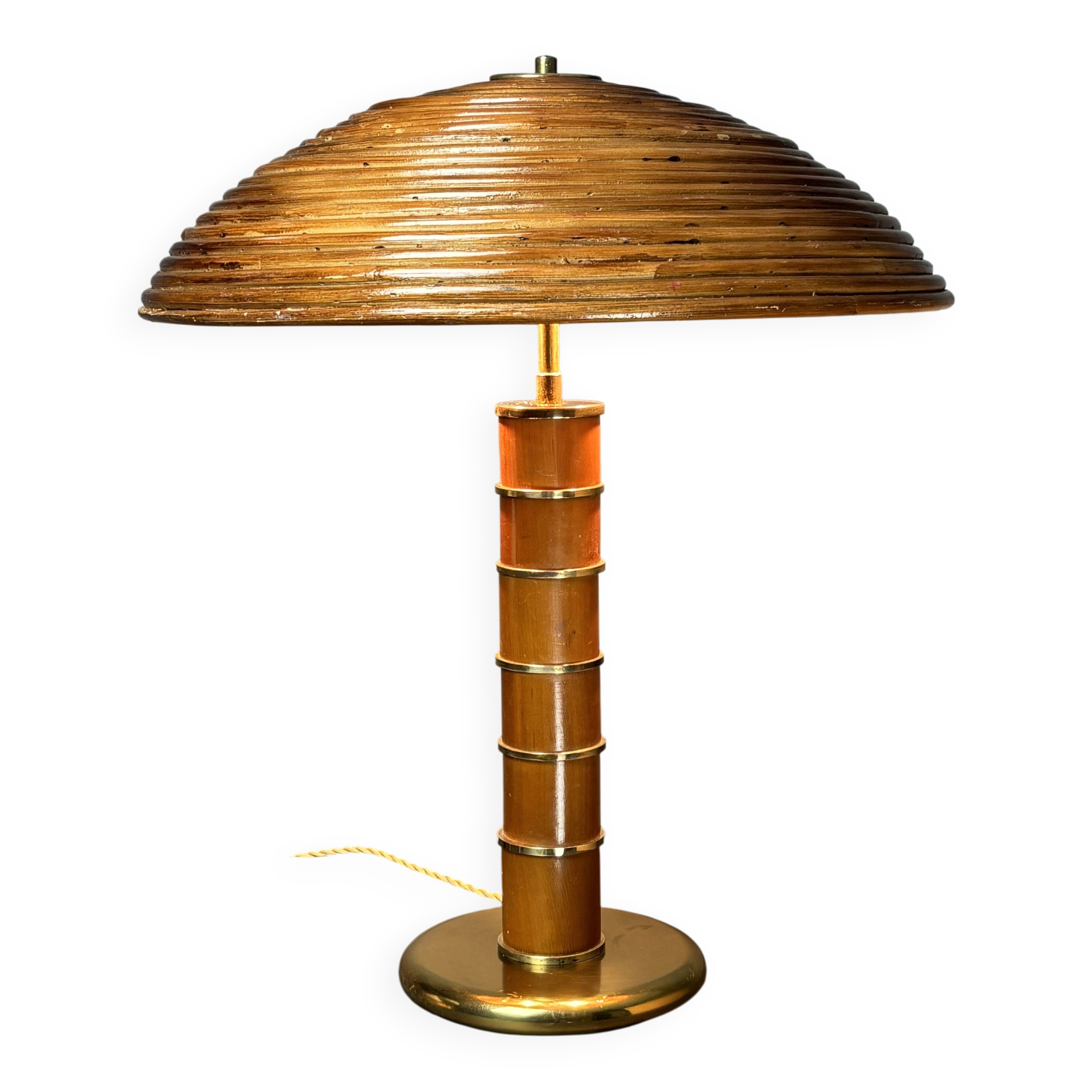 Midcentury pencil reed rattan bamboo and brass table lamp, 1960s