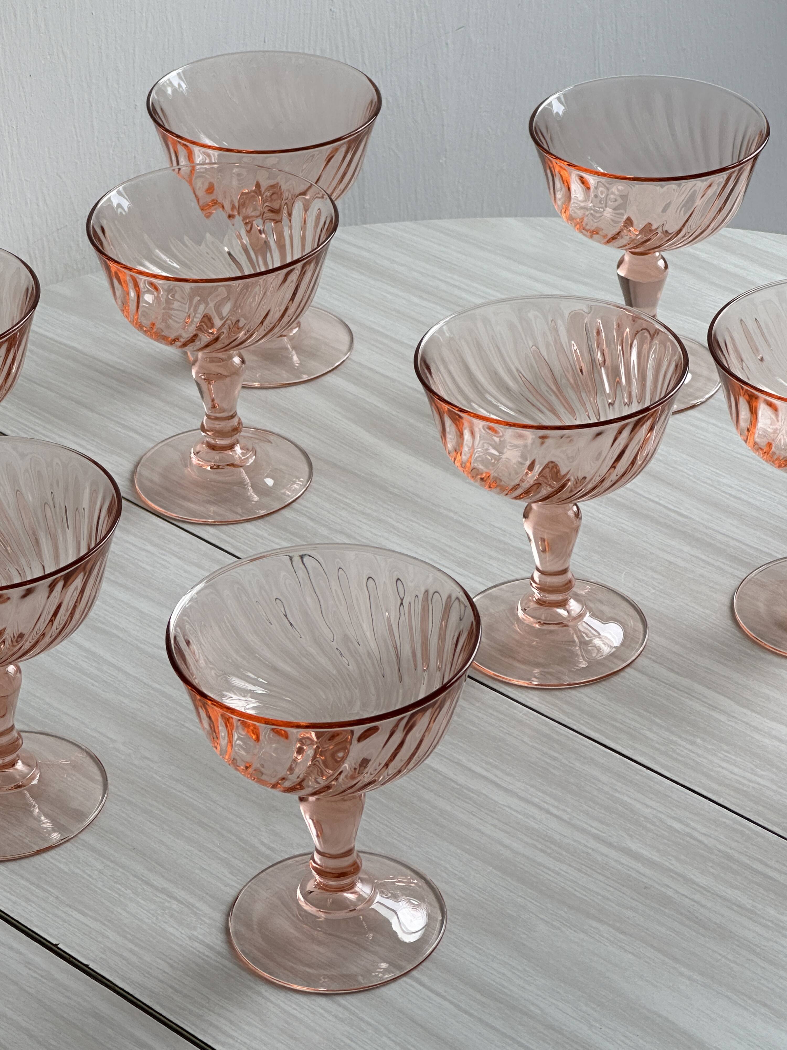 10 Vintage Twisted Pink Glass Champagne Coupes