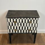 Small Italian chest of drawers with two drawers, patinated with a trompe-l'œil checkerboard pattern