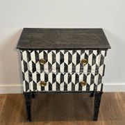 Small Italian chest of drawers with two drawers, patinated with a trompe-l'œil checkerboard pattern