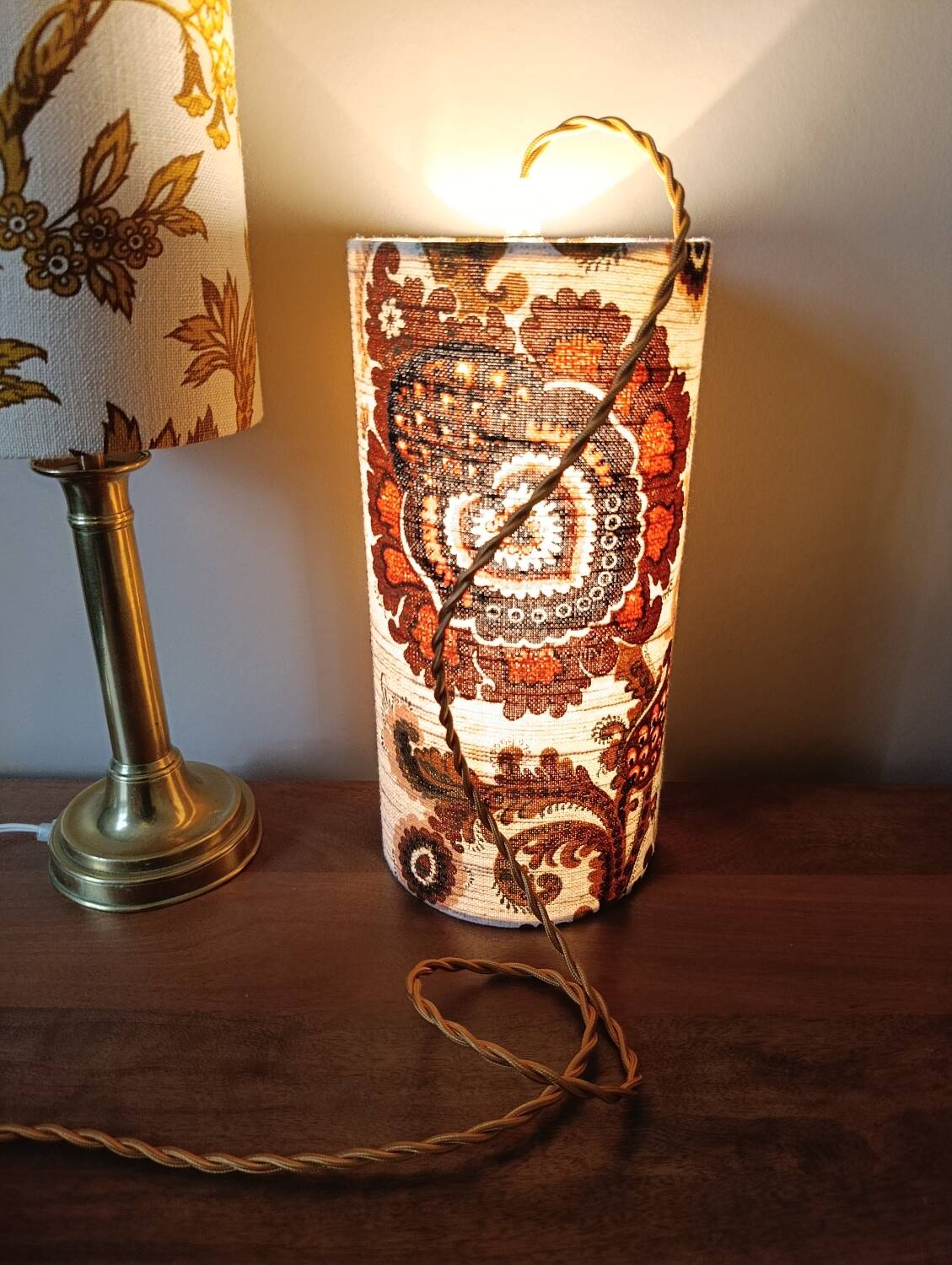 Vintage portable lamp with authentic seventies floral linen fabric.