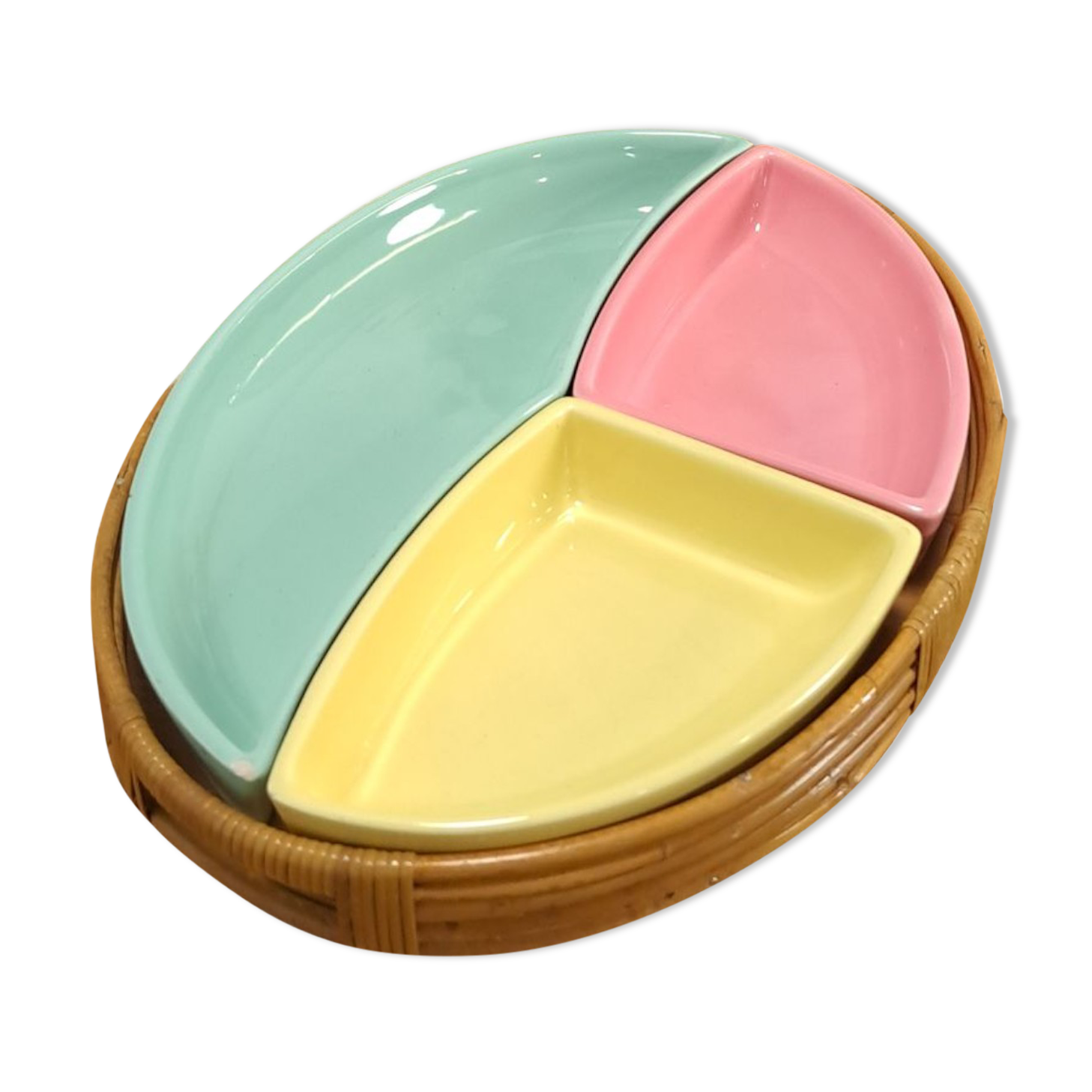 Pastel color bowls set in rattan basket vintage