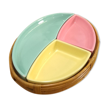 Pastel color bowls set in rattan basket vintage