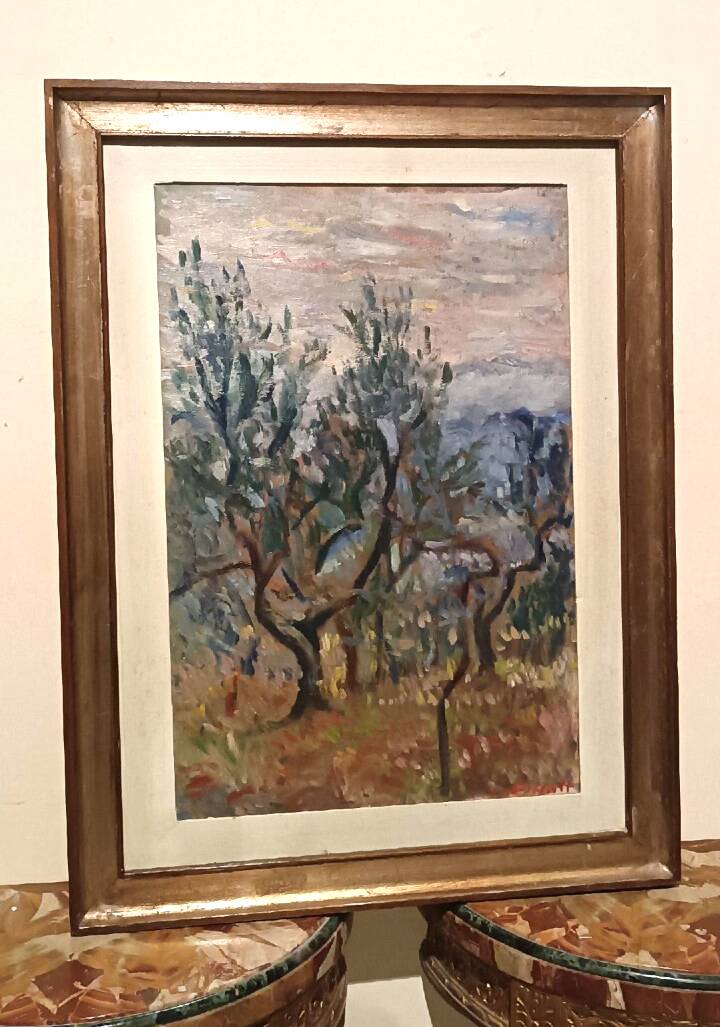 Oil painting on canvas, landscape, trees, Christine Oswalt, fishermen