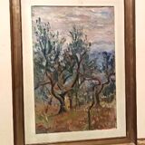 Oil painting on canvas, landscape, trees, Christine Oswalt, fishermen