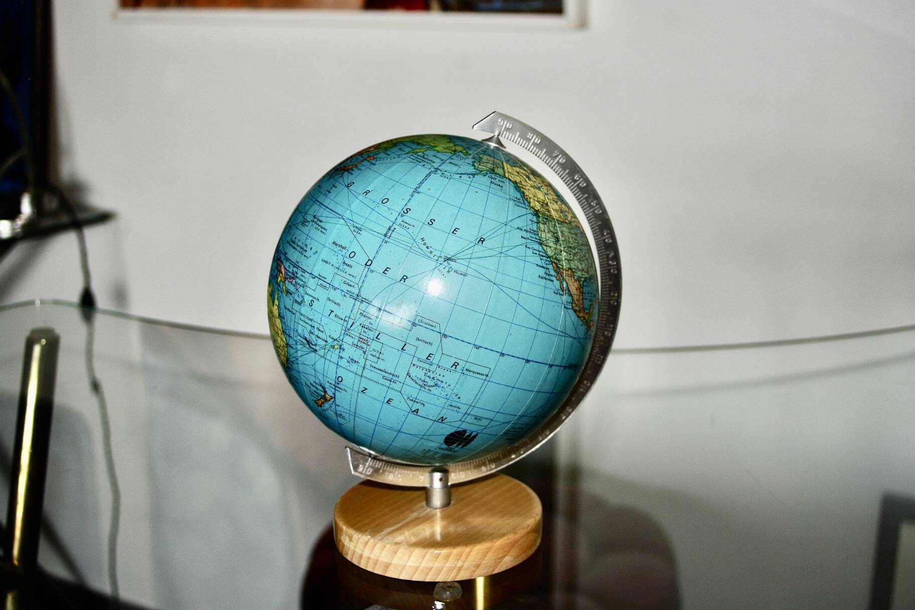 Vintage metal and wood terrestrial globe 1950