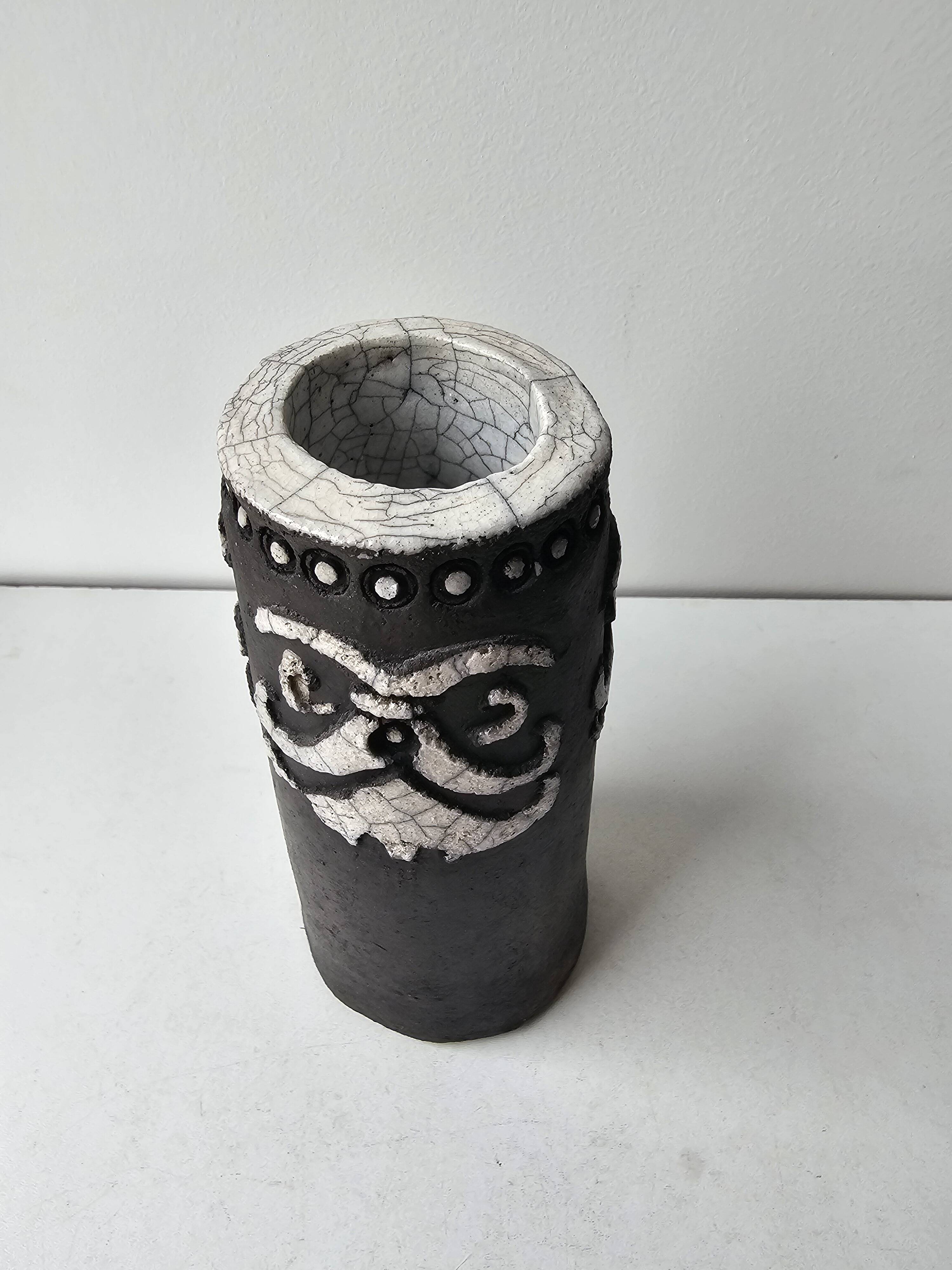 Raku ceramic roll vase signed Potty