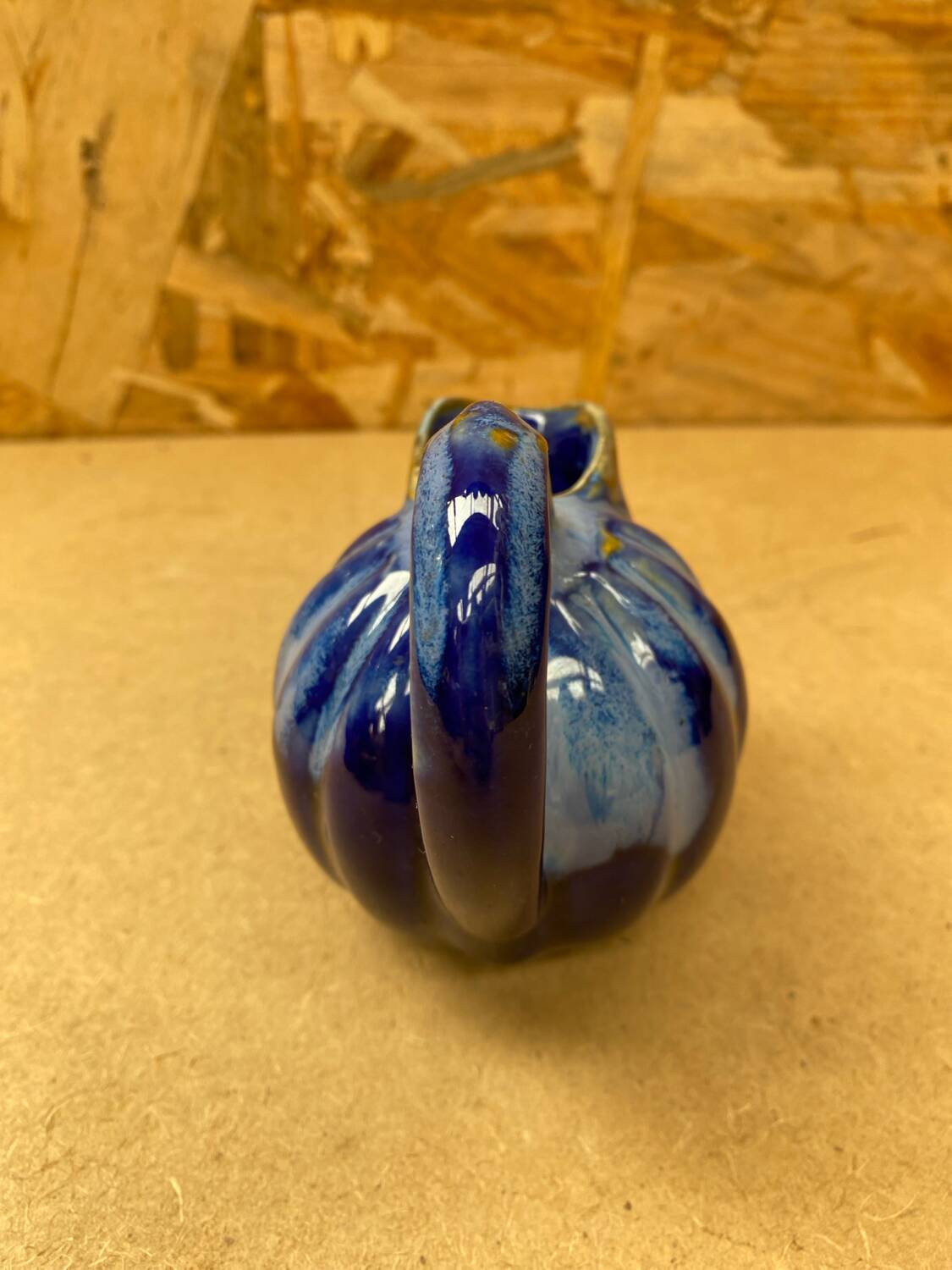 Antique alphonse mouton melon pitcher flamed ceramic blue vintage