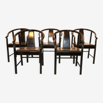 Ensemble de 5 chaises de salle à manger en cuir laqué noir similaires à China Chair Wegner