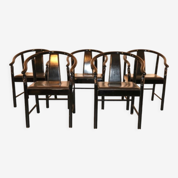 Set of 5 black lacquered leather dining chairs similar to China Chair Wegner