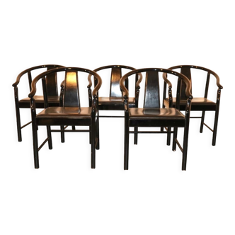 Lot de 5 chaises de salle à manger en cuir laqué noir similaires à China Chair Wegner