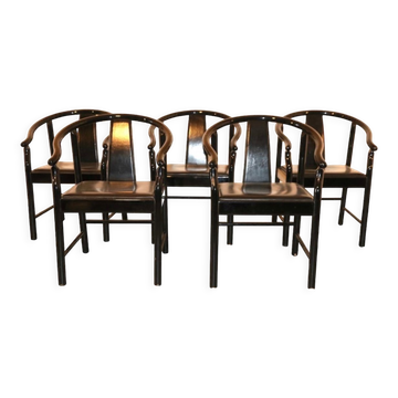 Set of 5 black lacquered leather dining chairs similar to China Chair Wegner