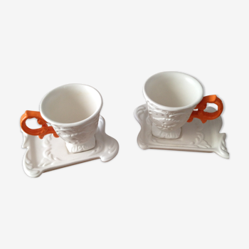 Set of 2 white cups with handles orange