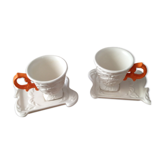 Set of 2 white cups with handles orange