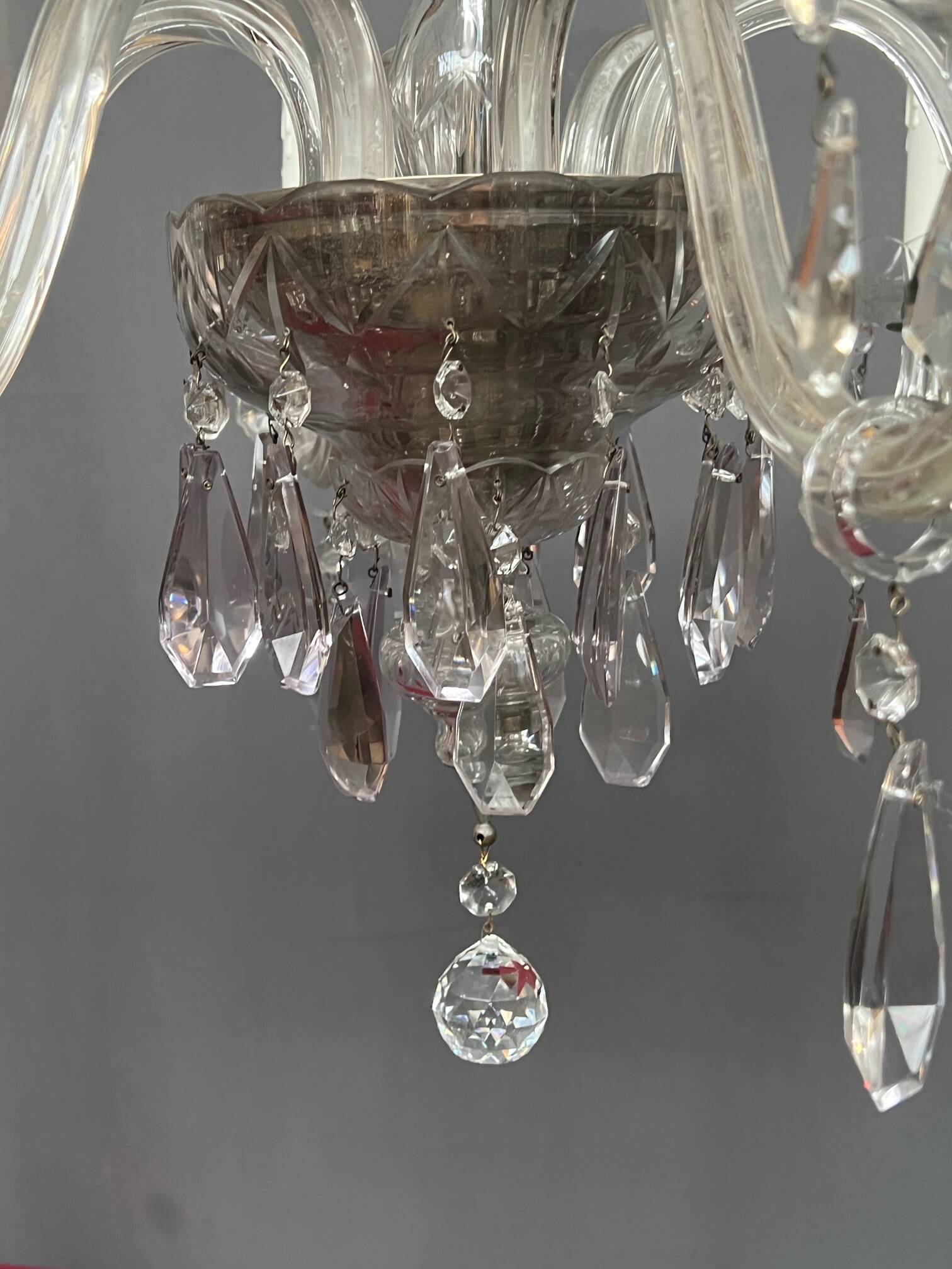 Venetian chandelier decorated with clear crystal and rare coloured crystal.