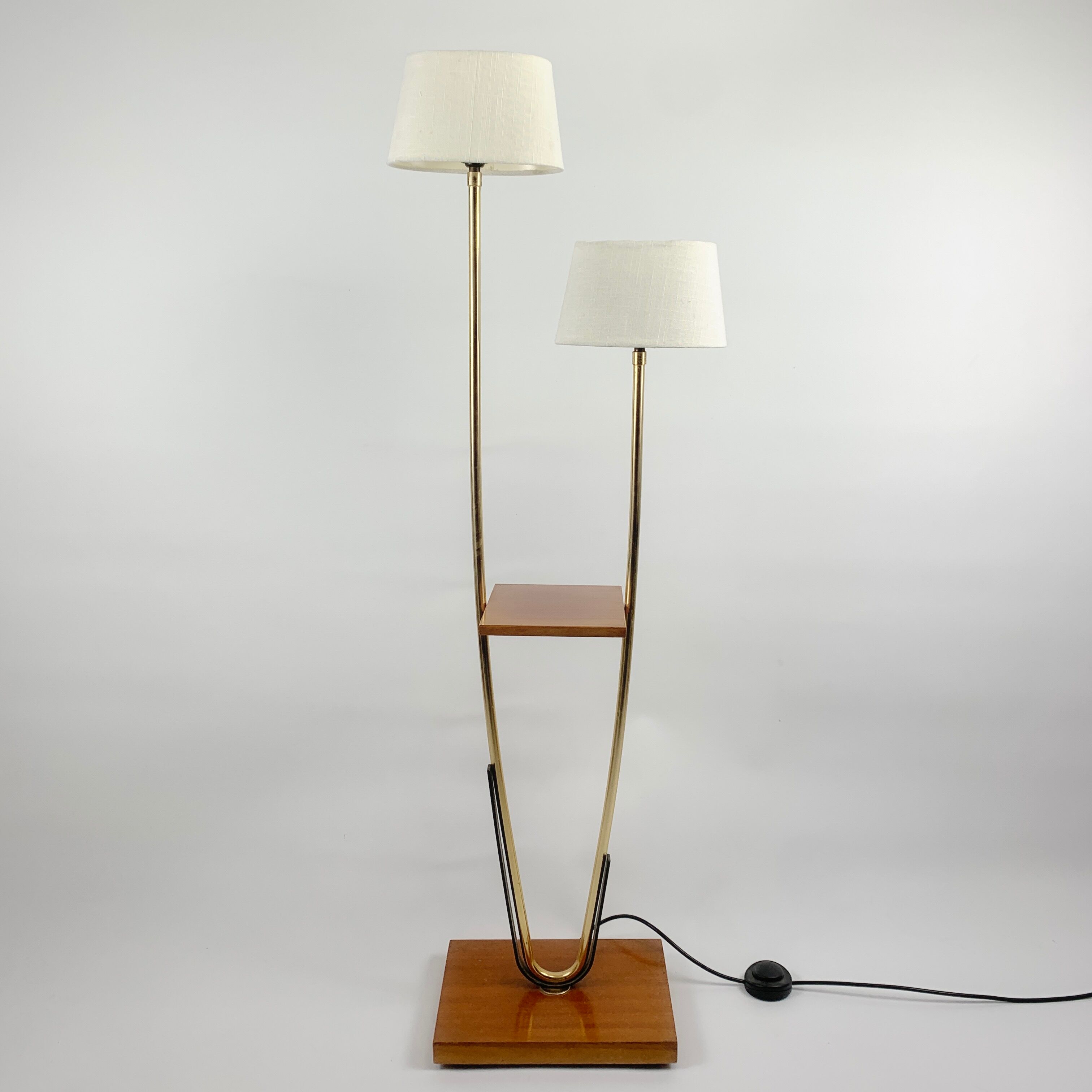 Lampadaire 2 feux vintage bois vernis et metal doré